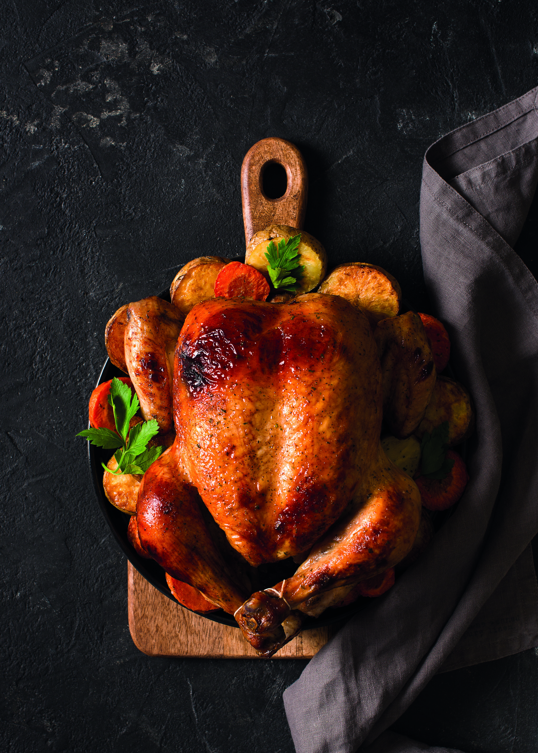 Fall,Thanksgiving,Table,With,Roasting,Chicken,Or,Turkey,On,Black